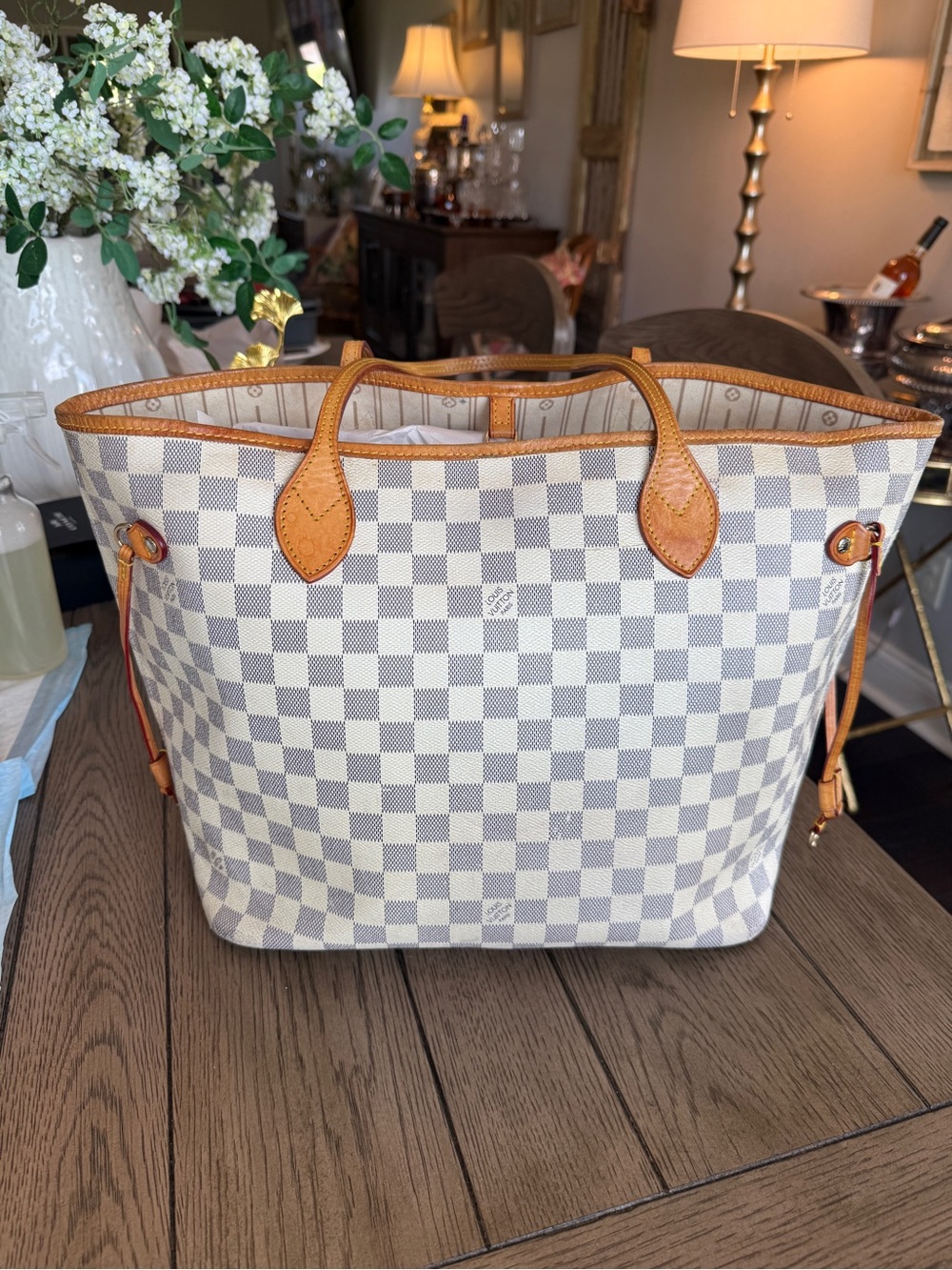 Louis Vuitton Damier Azur Neverfull Tote in White and Tan